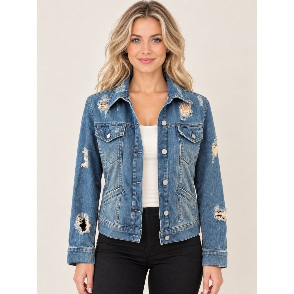 The Kooples (REVOLVE) Destroyed Denim Jacket Blue Distressed Cotton Size Medium